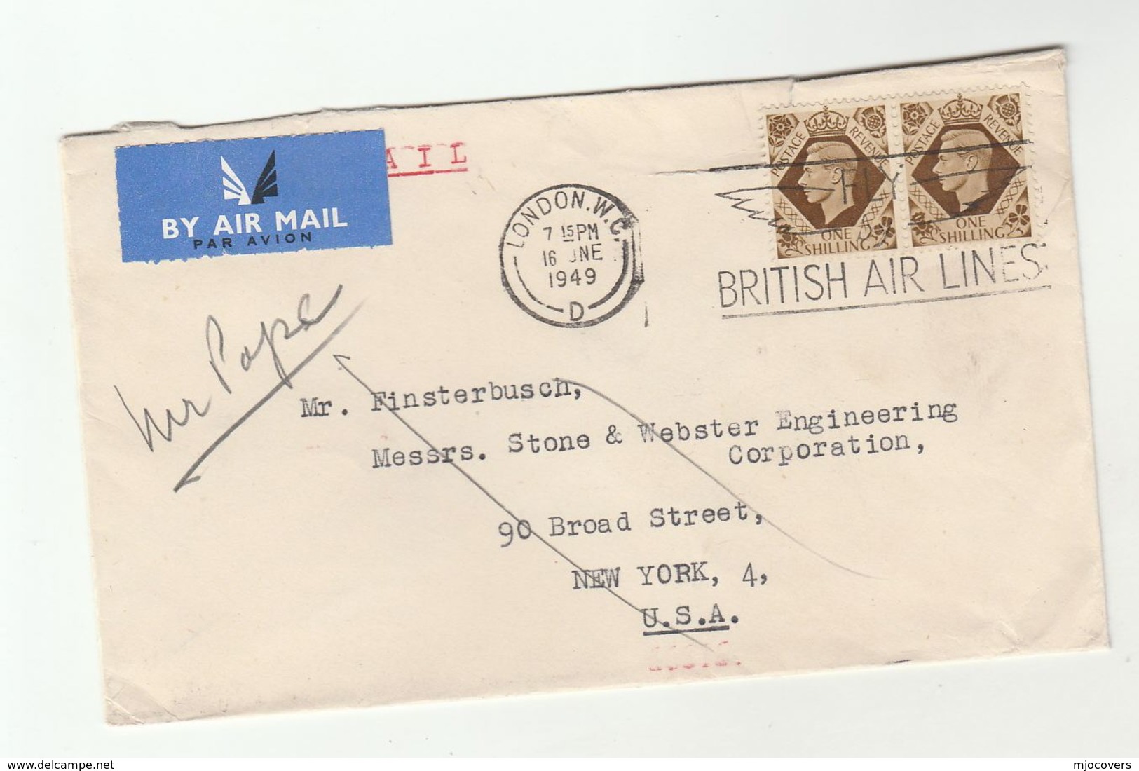 1949 GB COVER To USA Slogan FLY BRITISH AIR LINES Airmail Label Aviation 1/- Stamps - Airplanes