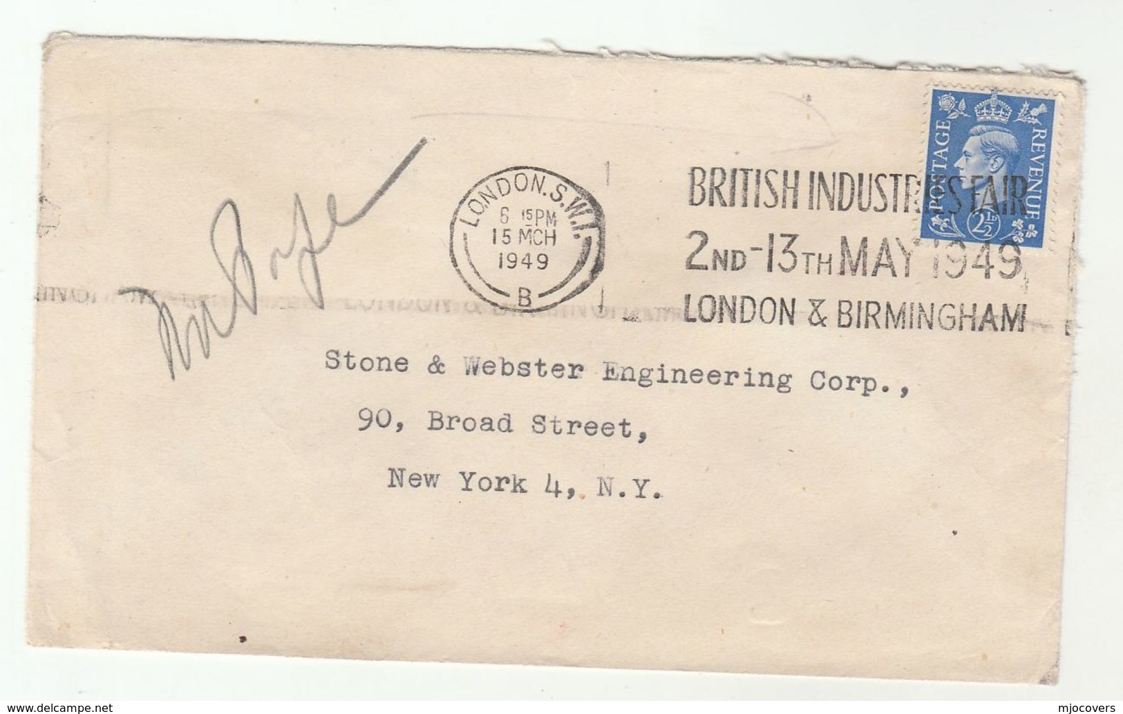 1949 GB  2 1/2d  Stamp COVER To USA Slogan BRITISH INDUSTRIES FAIR - Covers & Documents