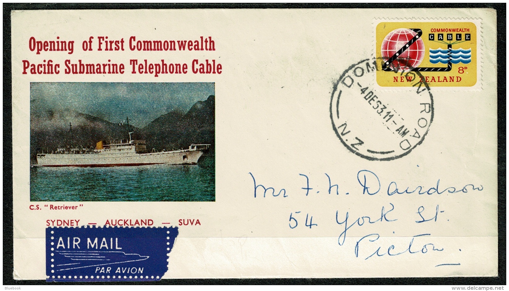 RB 1220 - 1963 Airmail Cover - 8d Rate Dominion Road New Zealand To Picton - Cable Ship C.S. Retriever - Lettres & Documents