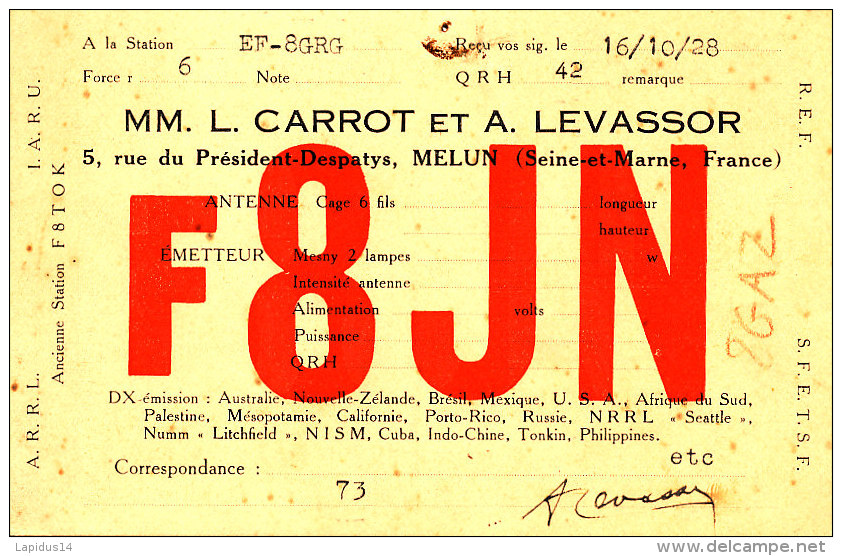 R 150 / CARTE FICHE RADIO AMATEUR    F 8 J N  CARROT ET  LEVASSOR   MELUN  SEINE ET MARNE - Radio Amateur