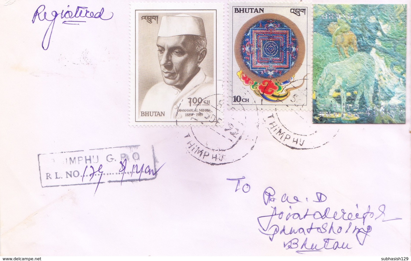 BHUTAN : REGISTERED COMMERCIAL COVER : POSTED FROM THIMPHU : USE OF 3D STAMP, PAINTING, ADDITIONAL STAMPS - Bhután