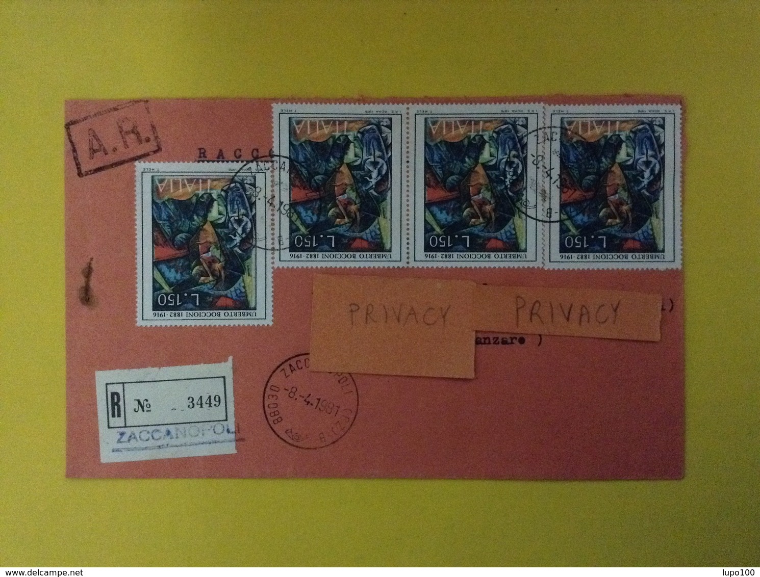 1981 BUSTA RACCOMANDATA A.R. ZACCANOPOLI CON 4 VALORI ARTE BOCCIONI - 1981-90: Storia Postale