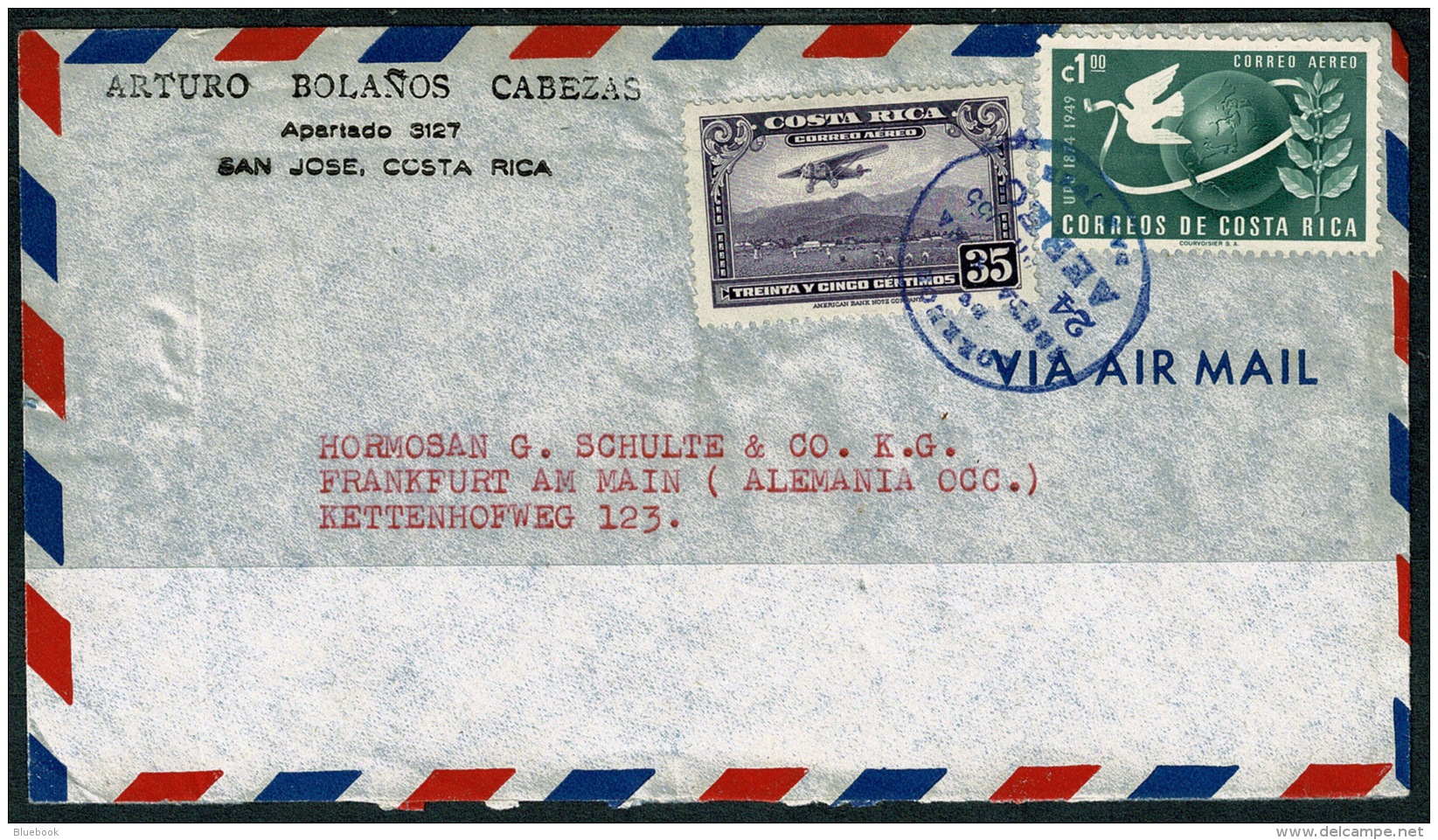 RB 1221 - 1955 Airmail Cover Costa Rica 1 Col 35c Rate To Frankfurt Germany - Costa Rica