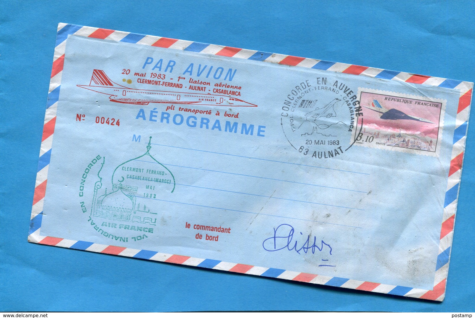 MARCOPHILIE-Aérogramme-concorde 3.10-en Avergne 20 Mai 1983- Pli Transporté à Bord >casablanca+signature Du Pilote - 1960-.... Lettres & Documents