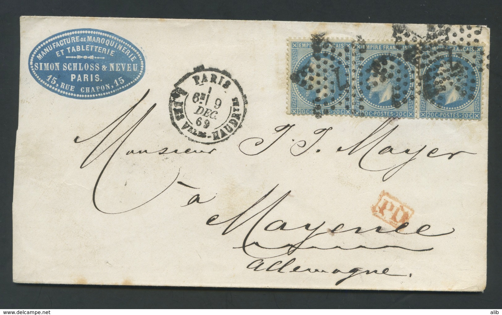 Env. France 1863-70 Emission Empire Napoléon III Lauré Dentelé 20c Bleu Type II No29b-Paris à Mayenee Allemagne Etoile 7 - 1863-1870 Napoleon III With Laurels