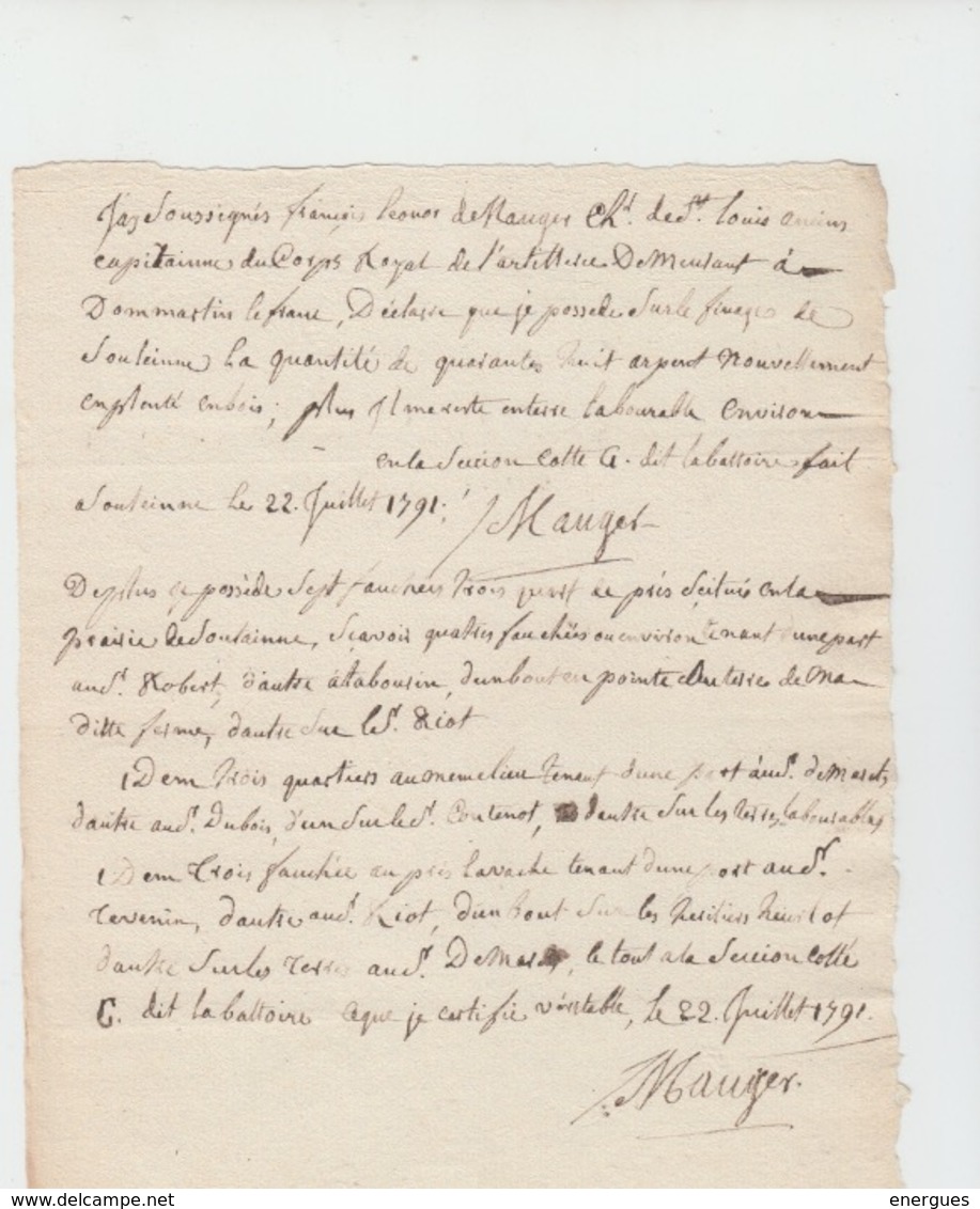 Soulaines Dhuis,1791,Dommartin Le Franc, Corps Royal De L'artillerie, Révolution,déclaration De Biens, De Mauger - Manuscrits