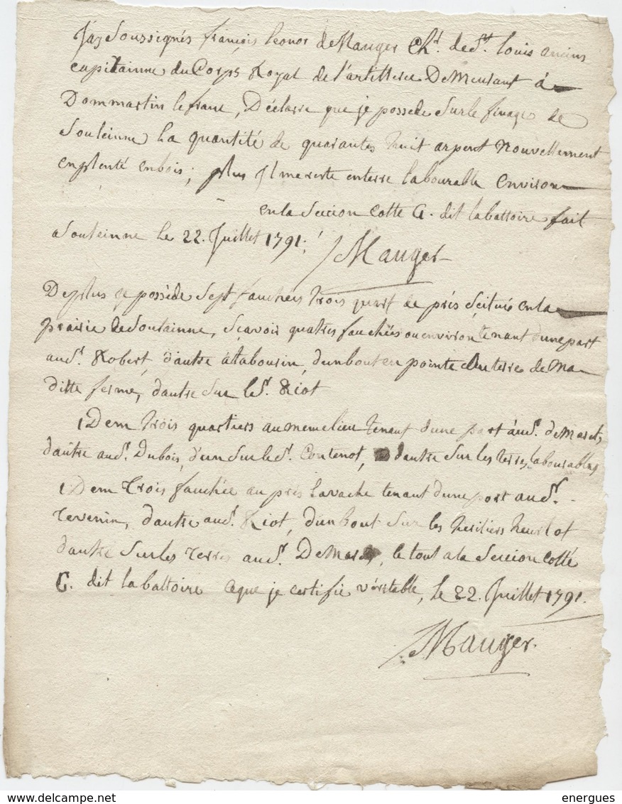 Soulaines Dhuis,1791,Dommartin Le Franc, Corps Royal De L'artillerie, Révolution,déclaration De Biens, De Mauger - Manuscrits