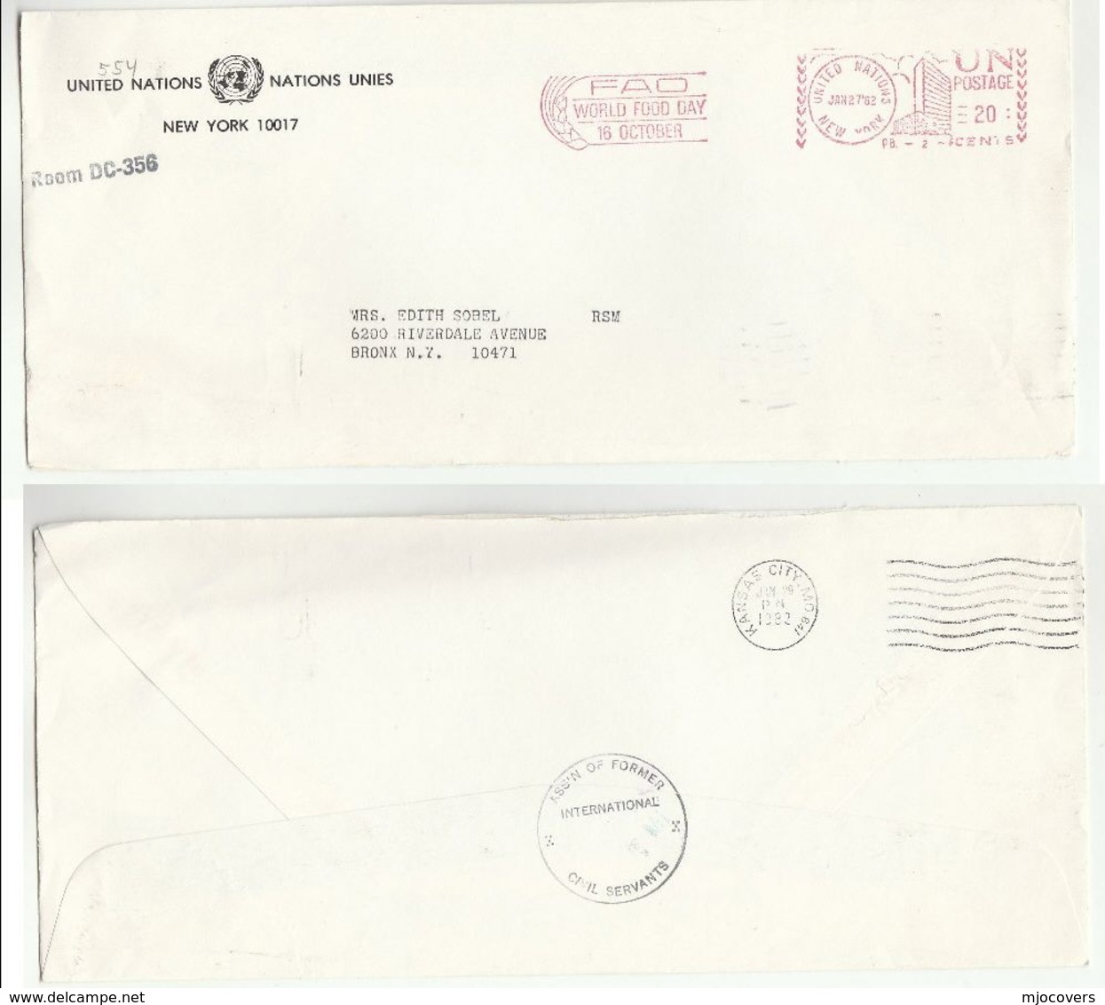 1982 UN NY COVER From ASSN FORMER INTERNATIONAL CIVIL SERVANTS  Meter WORLD FOOD DAY FAO United Nations - Covers & Documents