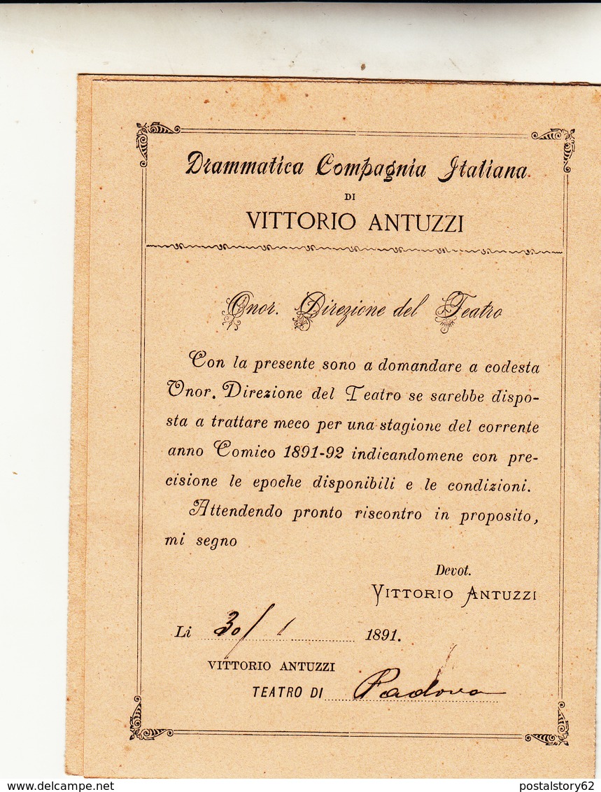 Faenza, Anno Comico 1891-1892 Drammatica Compagnia Italiana  Di Vittorio Antuzzi 2 Pieghi Pubblicitari - Advertising