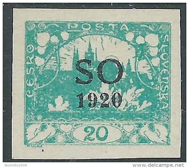 1920 CECOSLOVACCHIA SLESIA ORIENTALE CASTELLO DI PRAGA 20 H VERDE AZZURRO MH * - - Nuovi