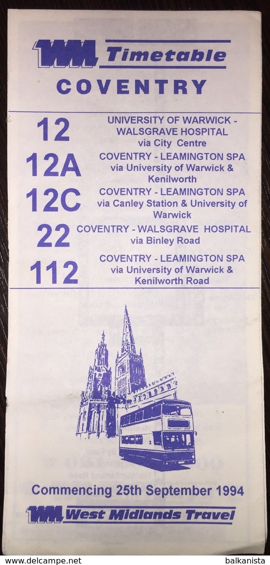 Britain West Midlands Travel 25th September 1994 Timetable Coventry - Europe