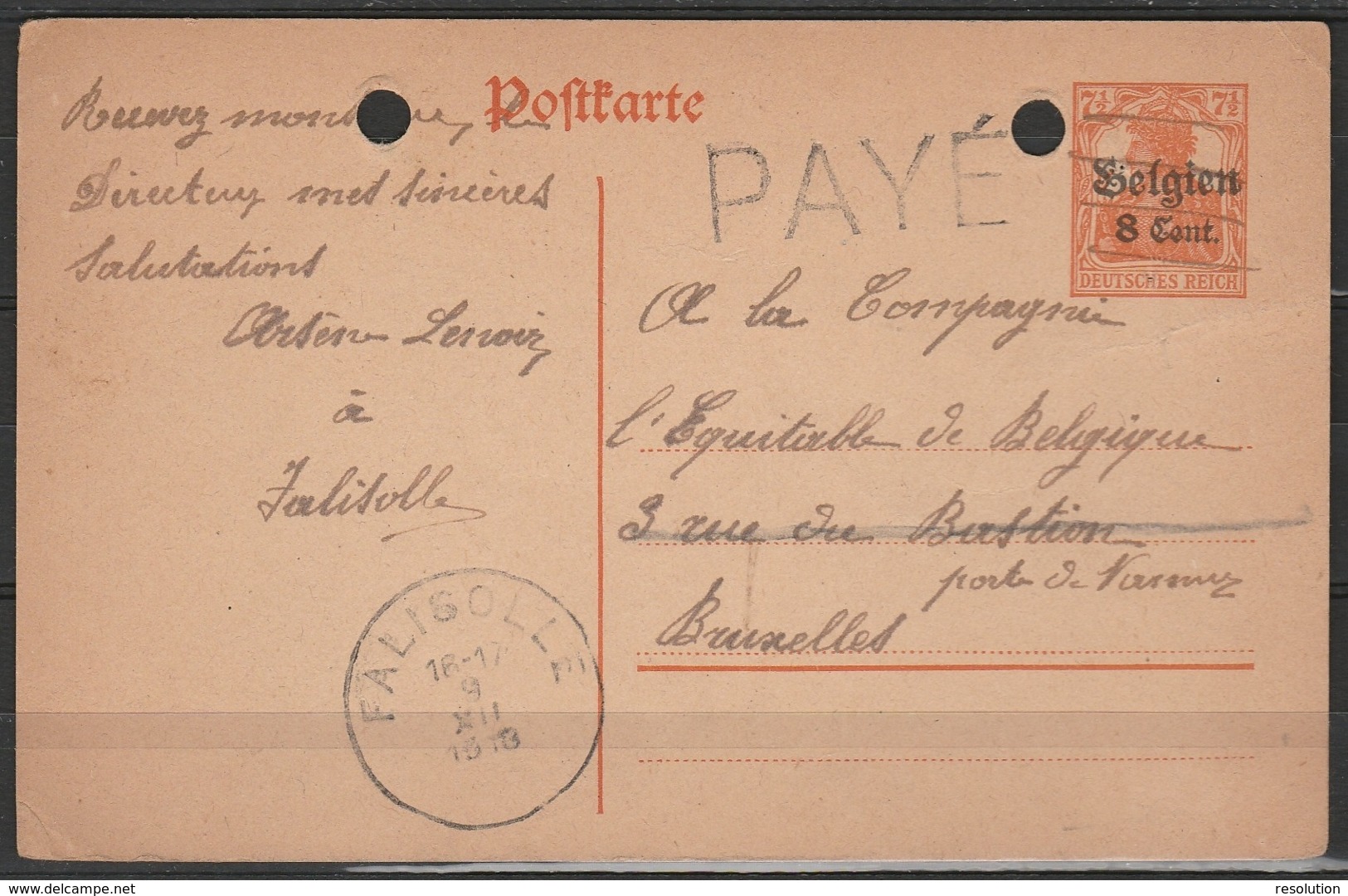 EP Occ 8c S.7 1/2pf Orange Annulé à La Plume (fortune) Càd FALISOLLE/1918 + Griffe "PAYE" Pour BRUXELLES - Fortuna (1919)