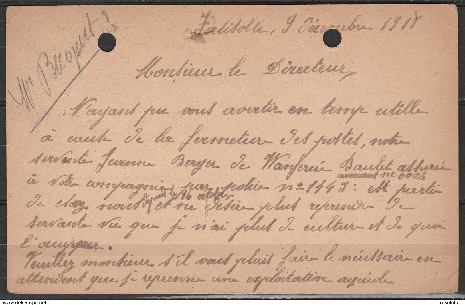 EP Occ 8c S.7 1/2pf Orange Annulé à La Plume (fortune) Càd FALISOLLE/1918 + Griffe "PAYE" Pour BRUXELLES - Noodstempels (1919)