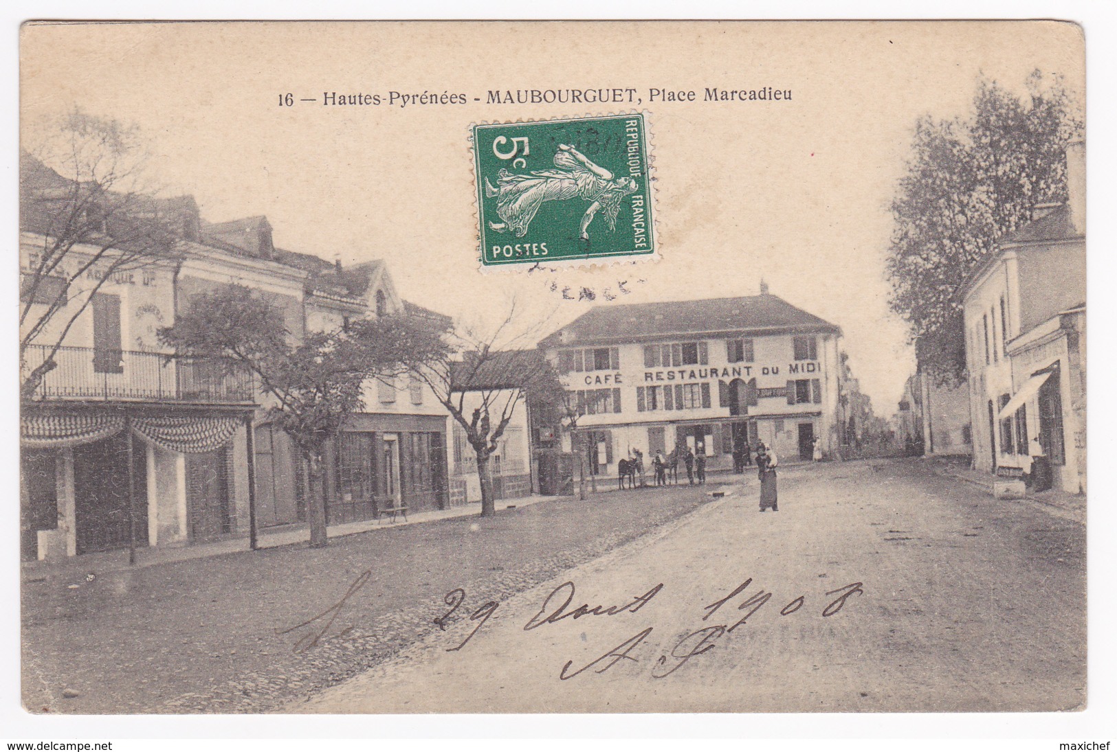 Maubourguet - Place Marcedieu (commerces, Animation, Café Hôtel Du Midi) Circulé 1908 - Maubourguet