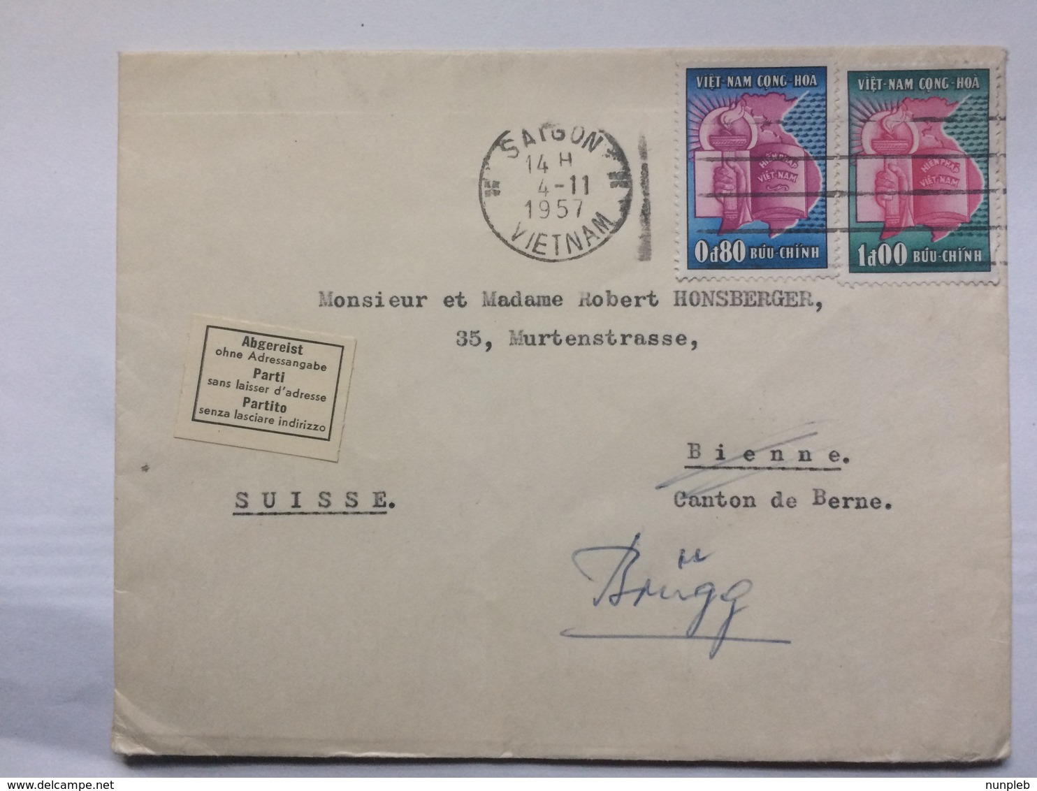 VIETNAM - 1957 Cover - Saigon To Bienne Re-directed To Brugg - Left Without Address Sticker - Vietnam