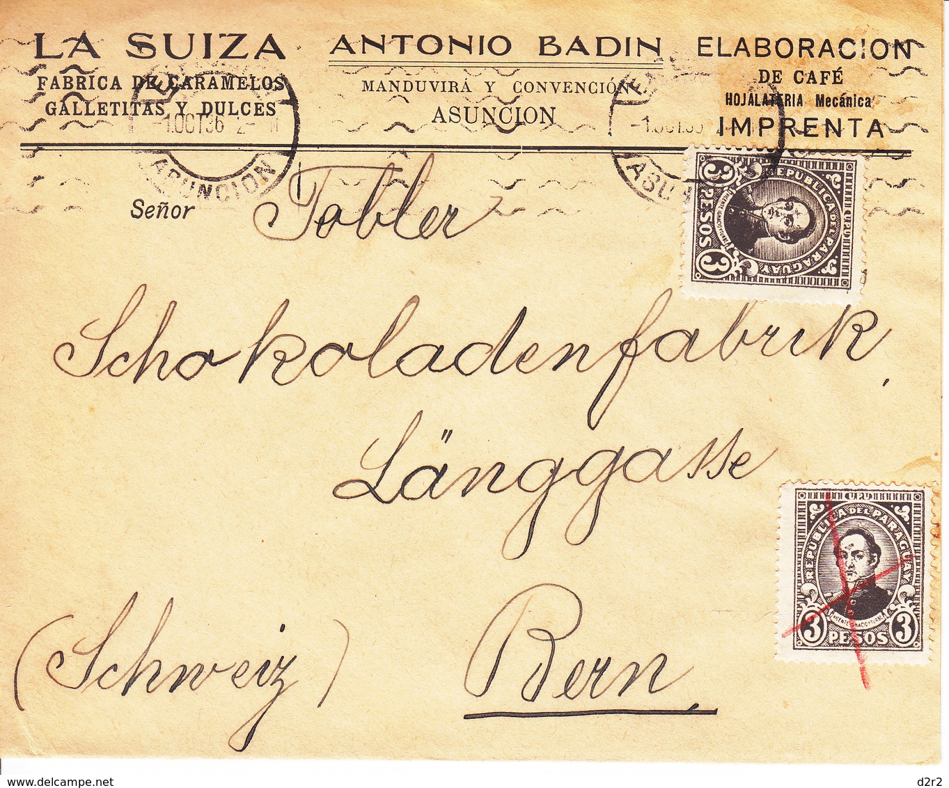 LETTRE POUR LA SUISSE - MAISON CHOCOLAT TOBLER A BERN - 1936 - Paraguay