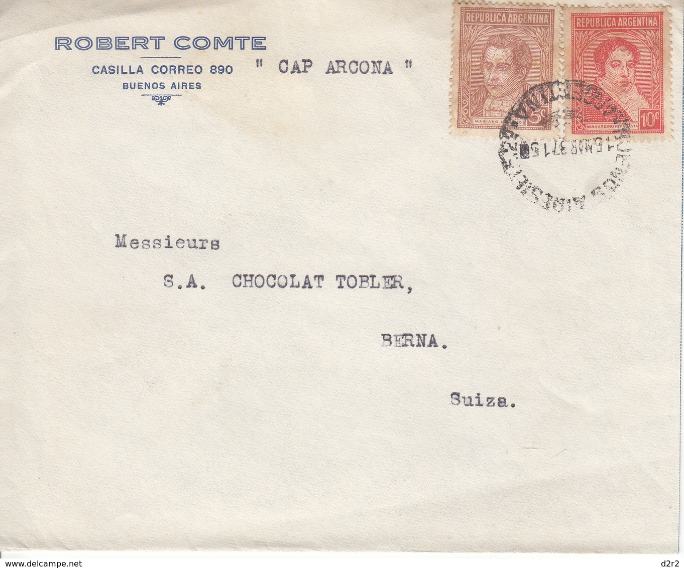 LETTRE POUR LA SUISSE - MAISON CHOCOLAT TOBLER A BERN - 1937 - Lettres & Documents