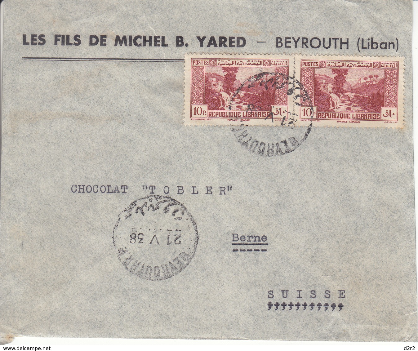 LETTRE POUR LA SUISSE - MAISON CHOCOLAT TOBLER A BERN - 1938 - Lebanon