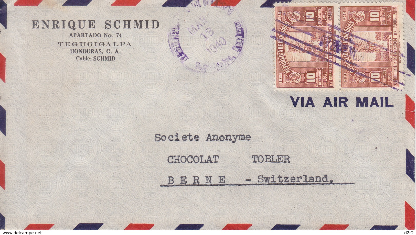 LETTRE POUR LA SUISSE - MAISON CHOCOLAT TOBLER A BERN - 1940 - Honduras