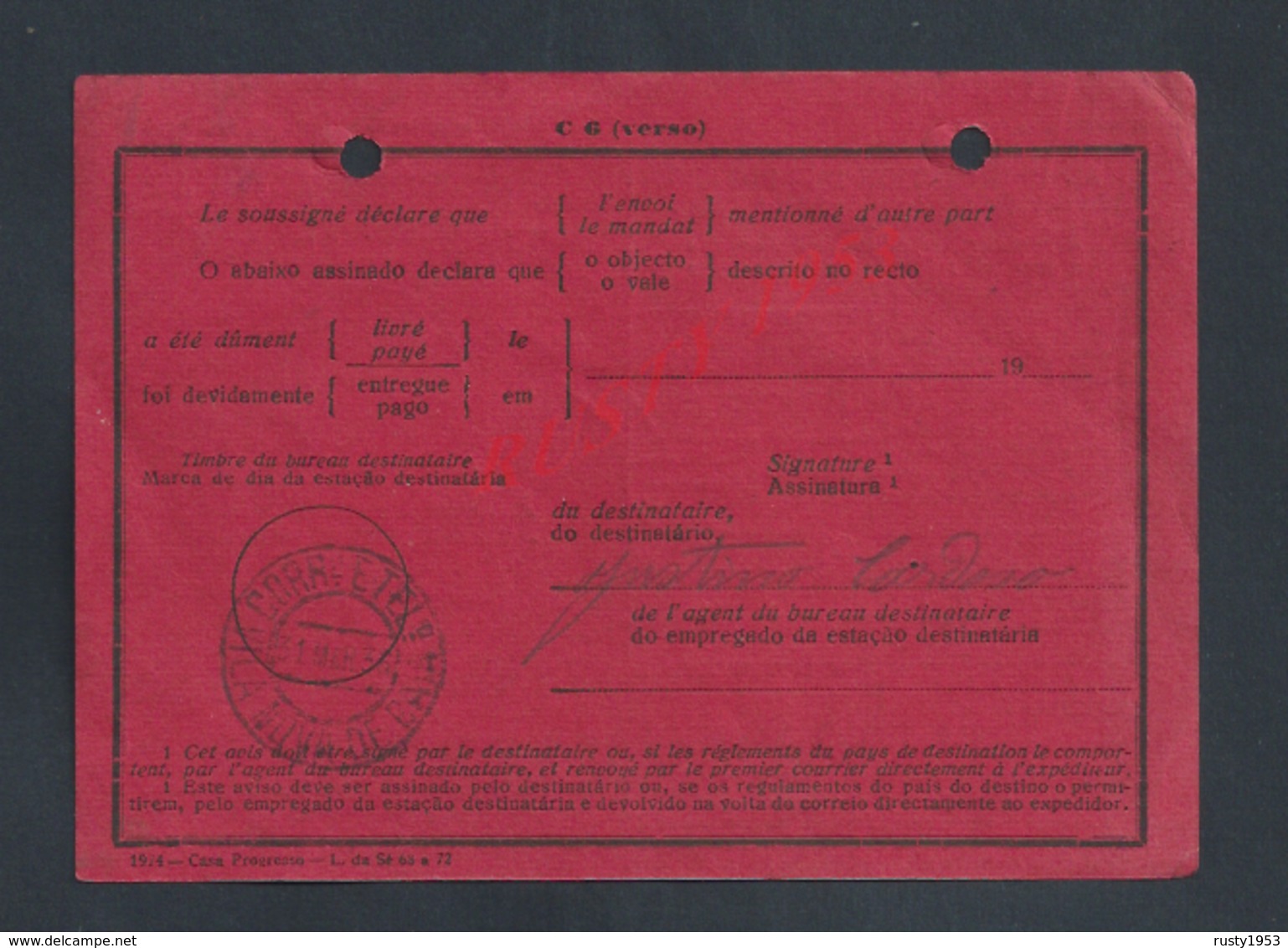 PORTUGAL DOCUMENT SUR TIMBRE POSTE TÉLÉGRAPHE PORTO : - Brieven En Documenten