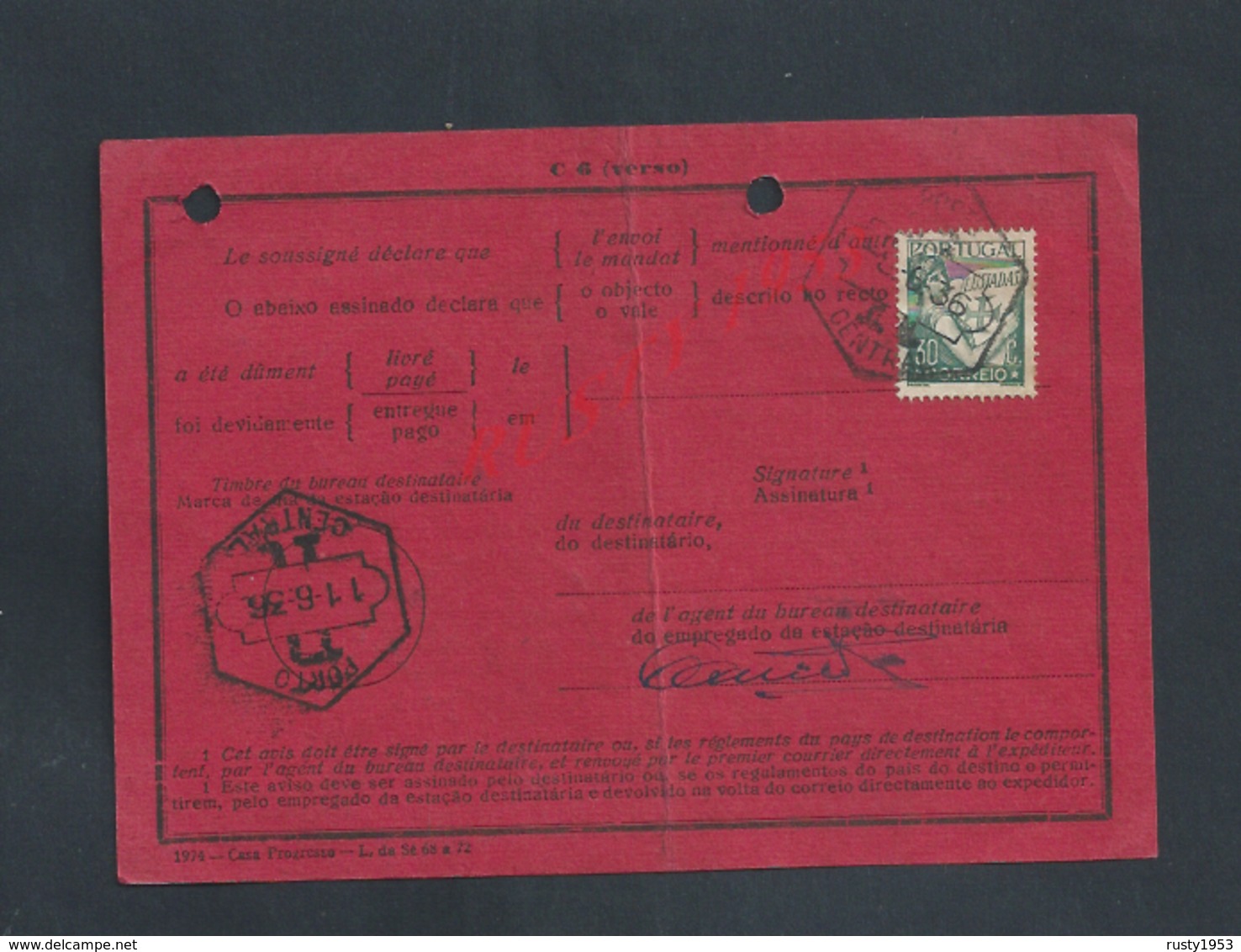 PORTUGAL DOCUMENT SUR TIMBRE POSTE TÉLÉGRAPHE PORTO : - Storia Postale