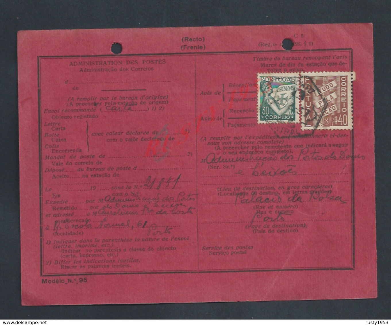 PORTUGAL DOCUMENT SUR TIMBRES POSTE TÉLÉGRAPHE PORTO : - Covers & Documents