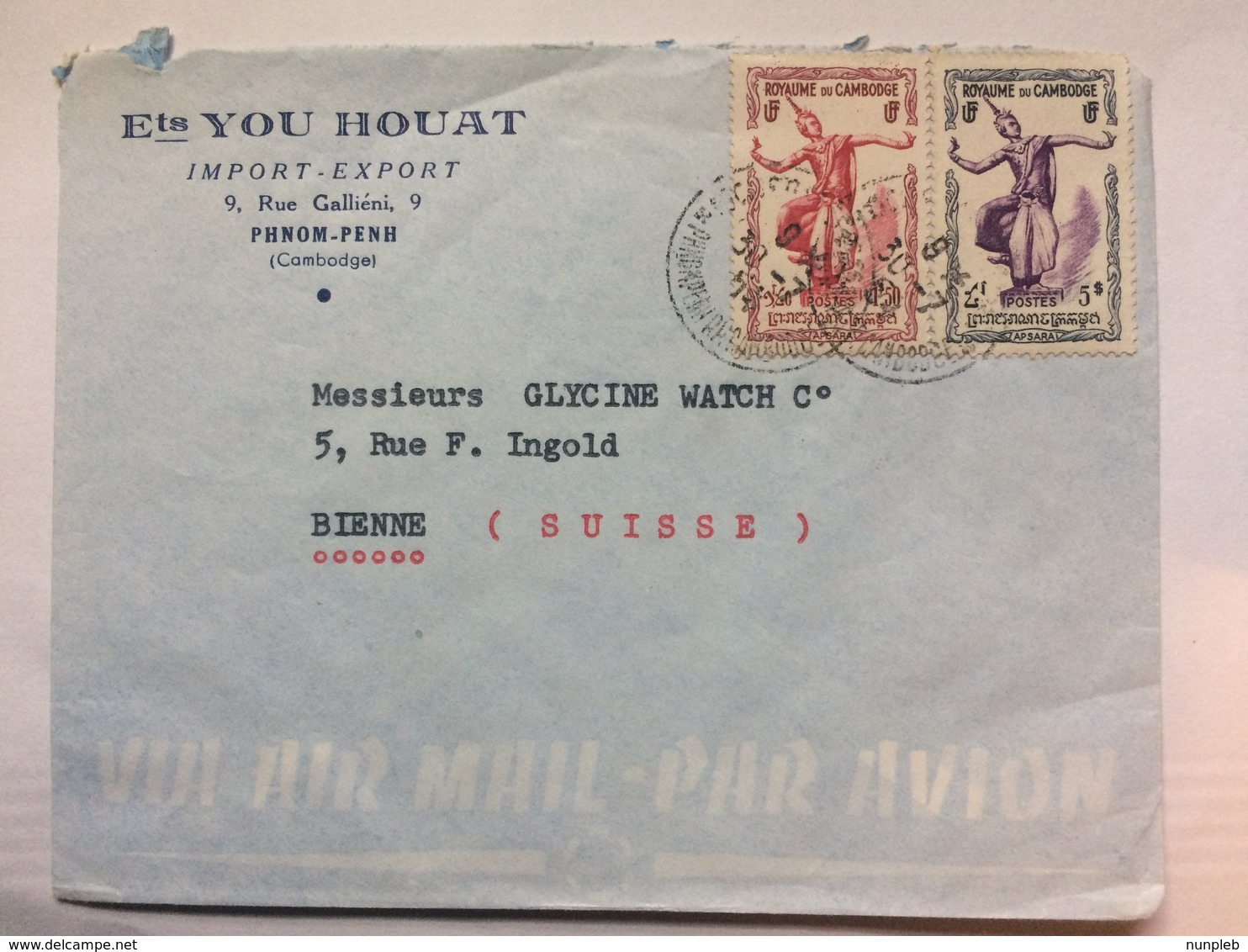 CAMBODIA - 1954 Air Mail Cover - Phnom Penh To Bienne Switzerland - Cambodia