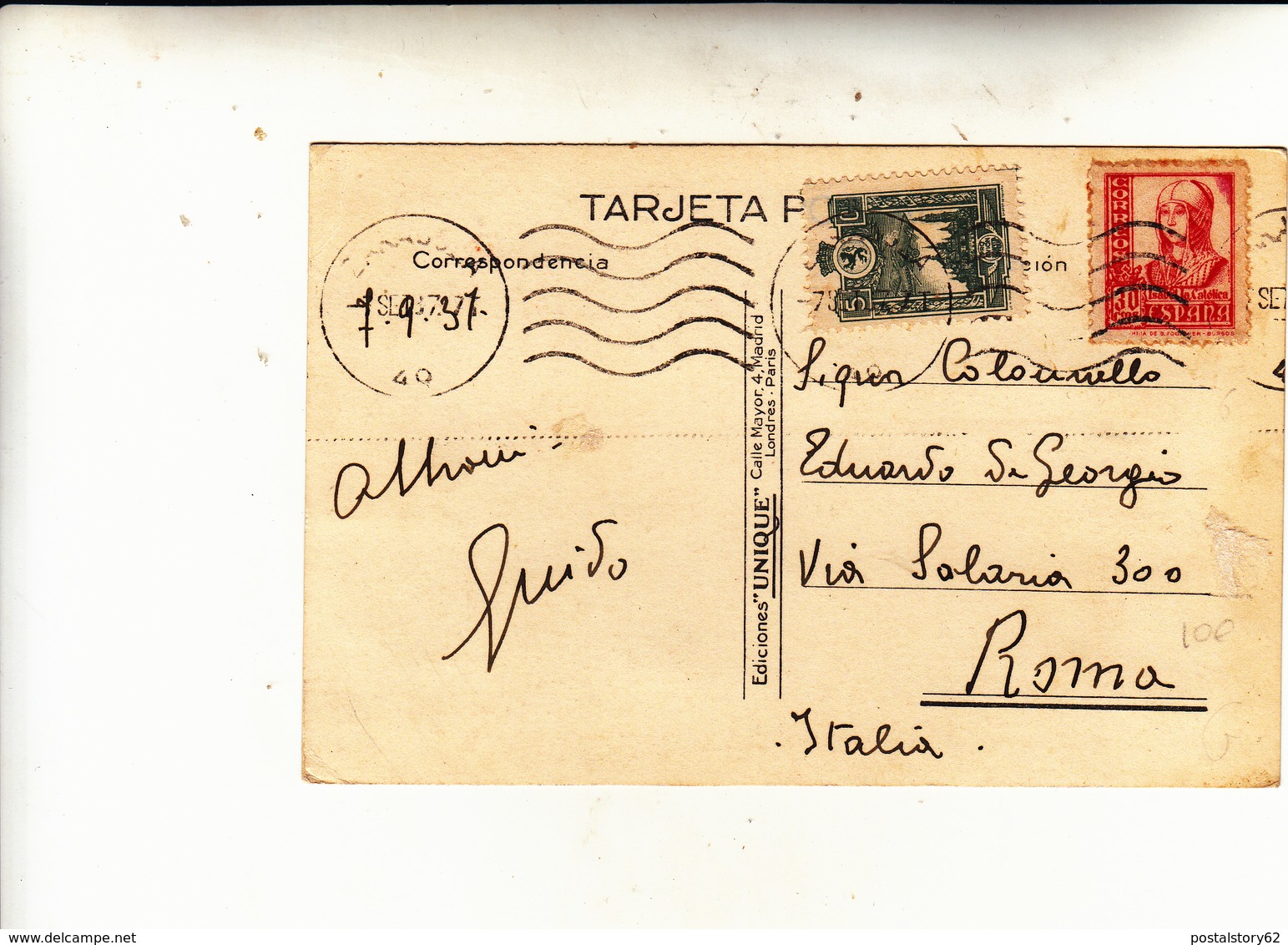 Saragozza To Roma. Periodo Guerra Di Spagna Su Cartolina Postale 1937 - Storia Postale