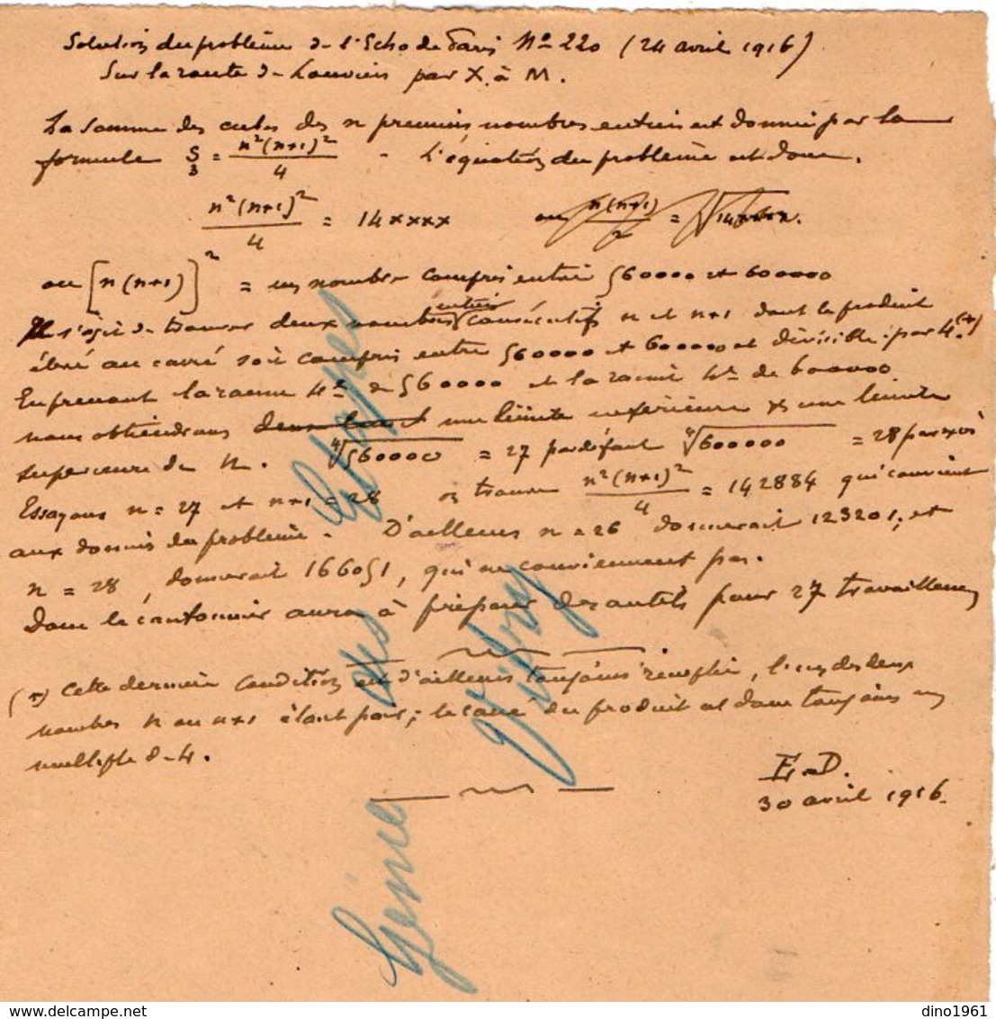 VP12.933 - MILITARIA - VITRY 1916 - Mr E. DATTIN Du Génie Militaire - Solution Du Problème - L'âge Du Vieux Poilu - Documentos