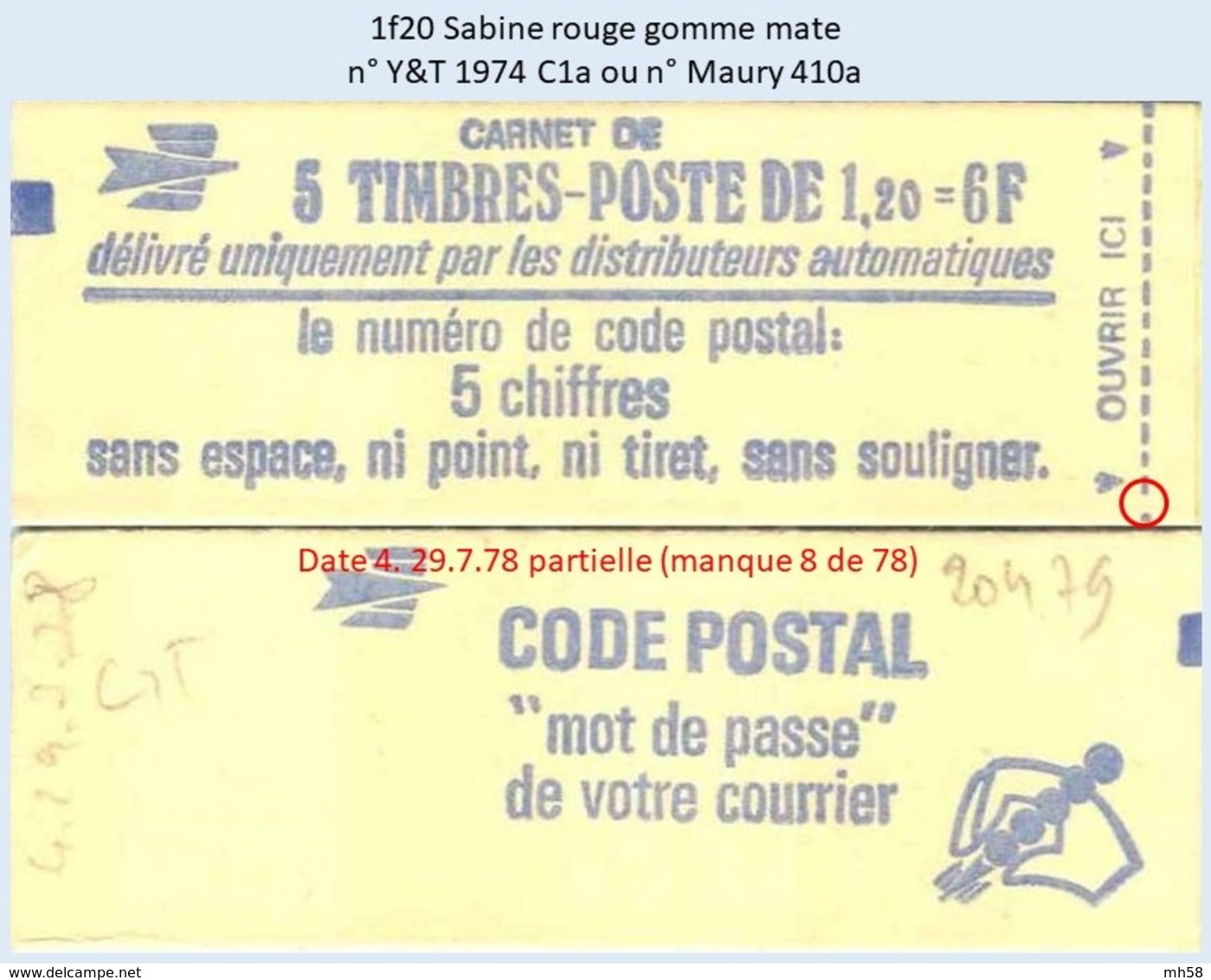 FRANCE - Carnet Date 4.29.7.78 Partielle - 1f20 Sabine Rouge - YT 1974 C1a / Maury 410a - Autres & Non Classés