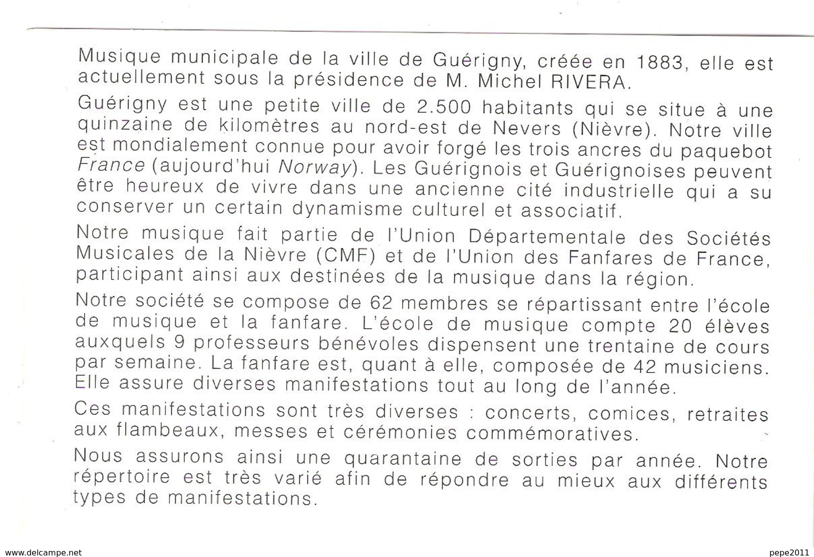 Carte Publicitaire Format CPSM - 58 GUERIGNY Musique Municipale La Lyre Guérichoise - Guerigny