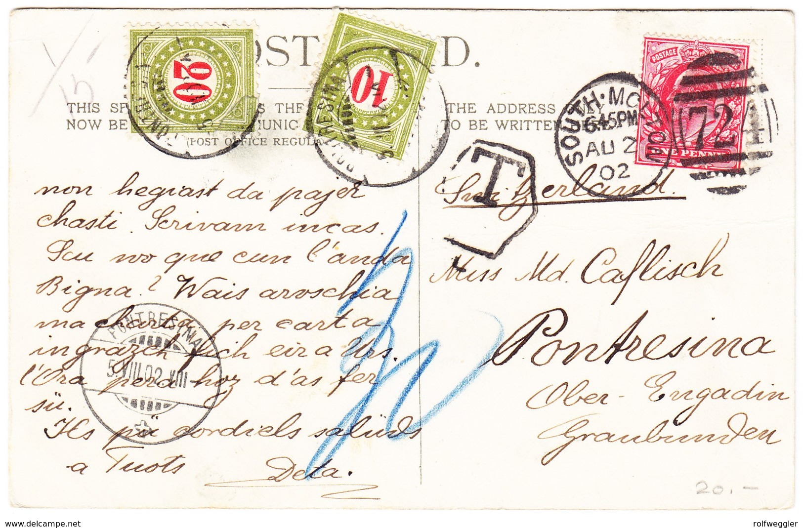 1902 Lemco Coronation Postcard Aus South Molton Nach Pontresina; 2 Schweizer Taxmarken - Lettres & Documents