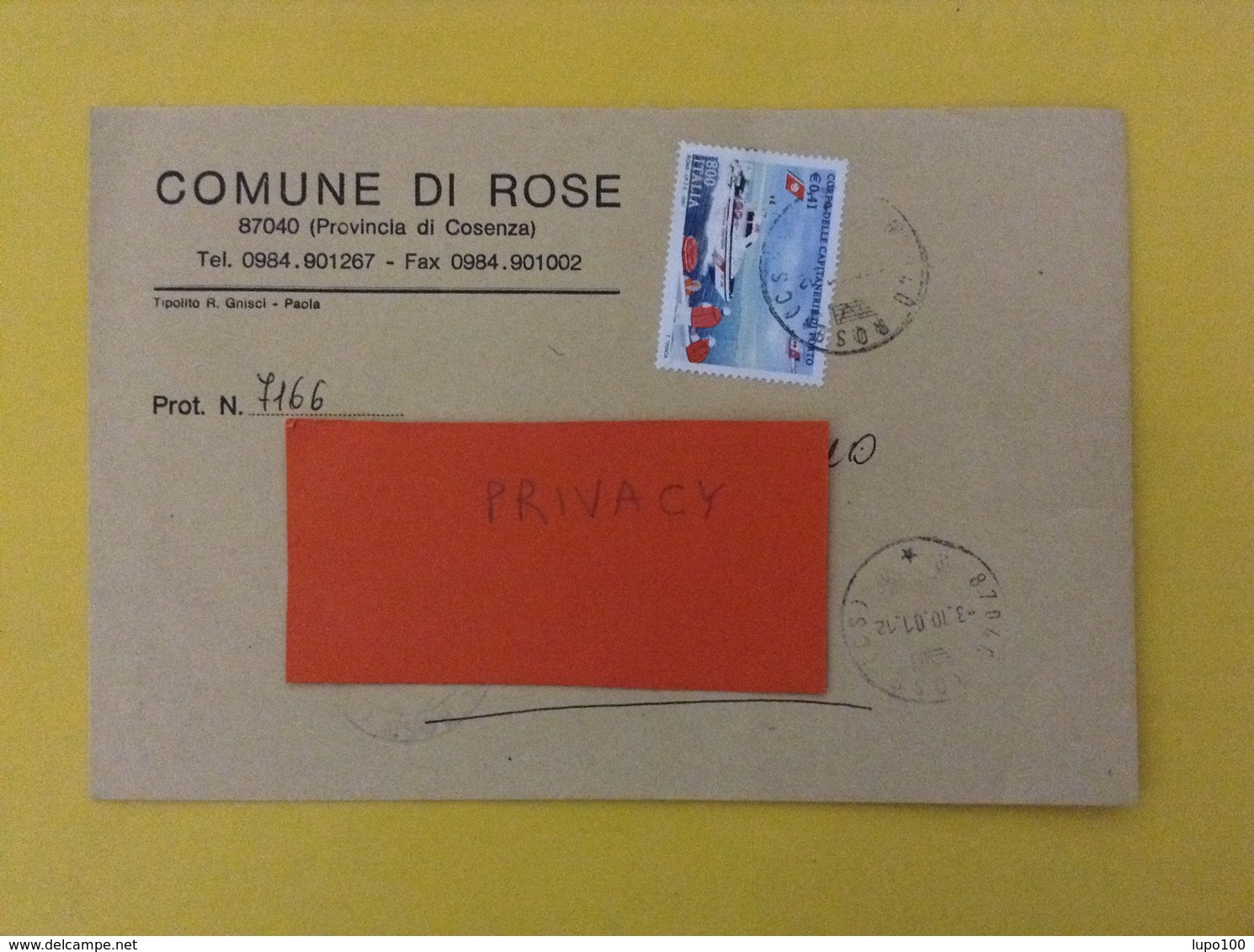 COMUNI D'ITALIA BUSTA DEL 2001 COMUNE DI ROSE CON CAPITANERIE DI PORTO ISOLATO - 2001-10: Storia Postale