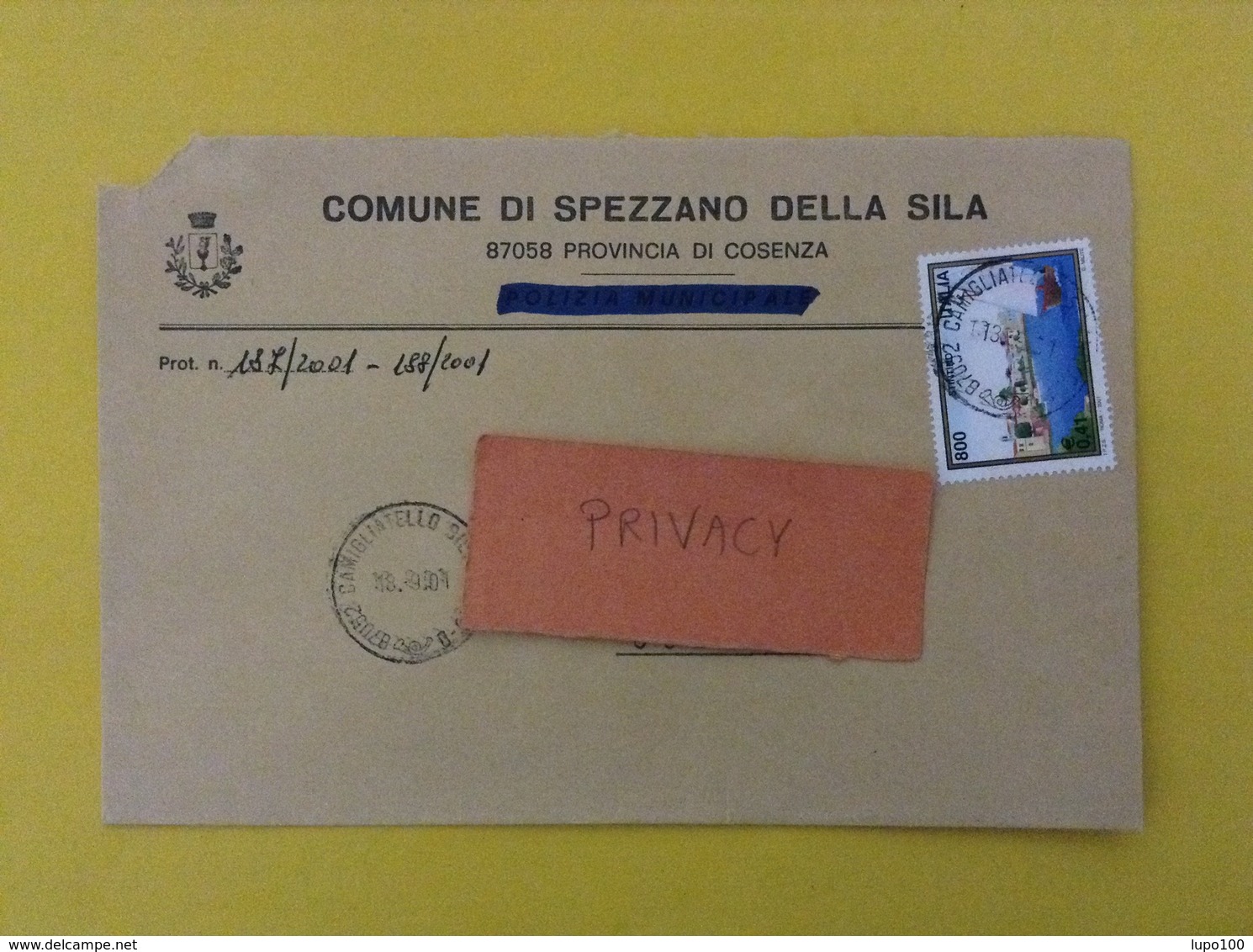 COMUNI D'ITALIA BUSTA DEL 2001 COMUNE DI SPEZZANO SILA CON TURISTICA STINTINO ISOLATO - 2001-10: Storia Postale