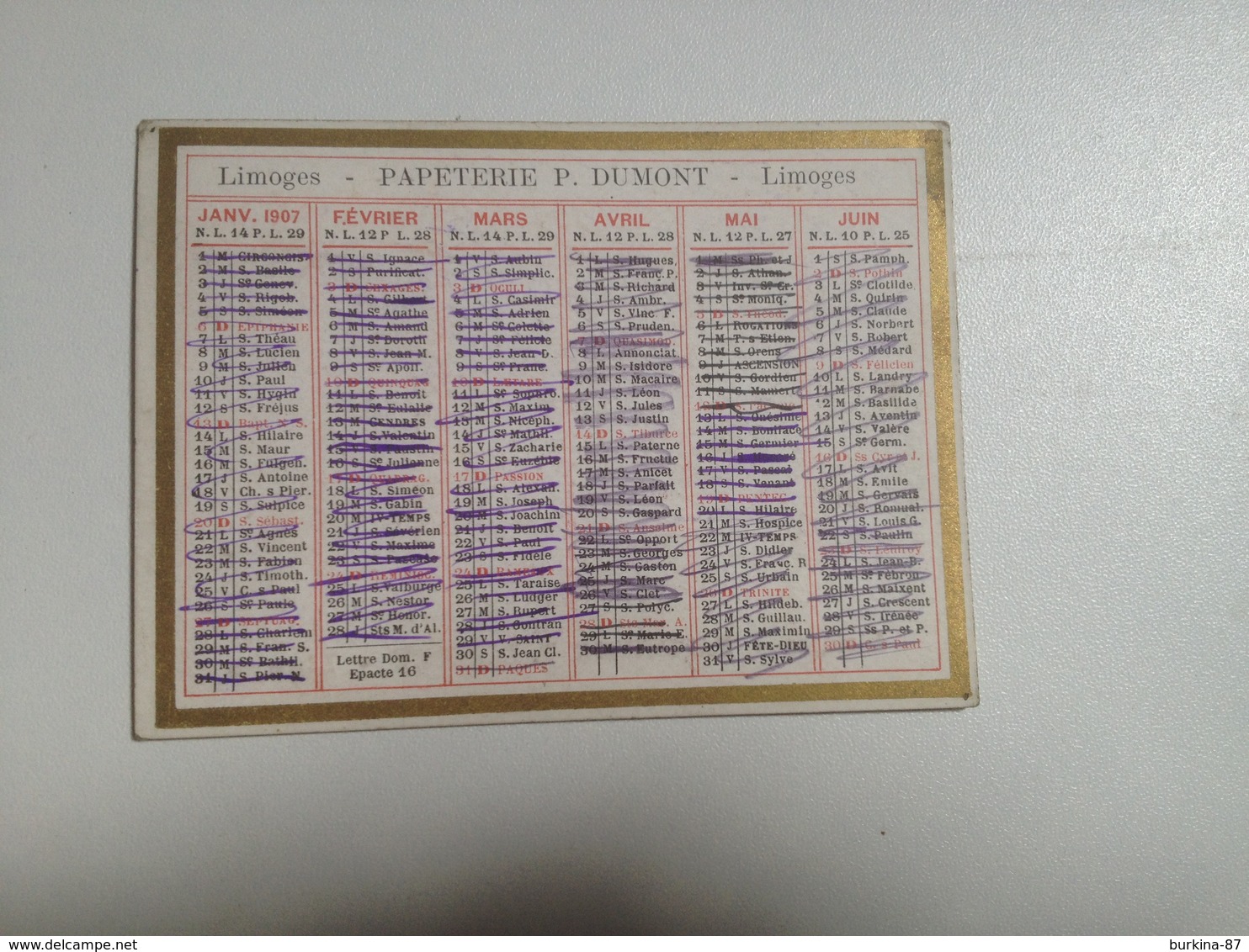 Calendrier 1907 , Papeterie DUMONT, Limoges - Formato Piccolo : 1901-20