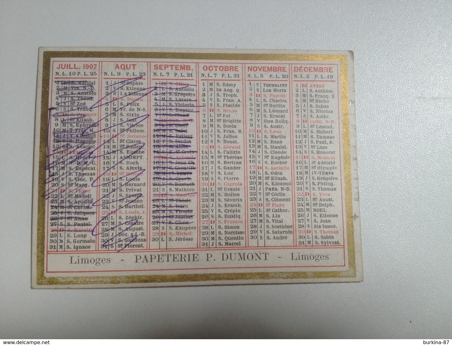 Calendrier 1907 , Papeterie DUMONT, Limoges - Formato Piccolo : 1901-20