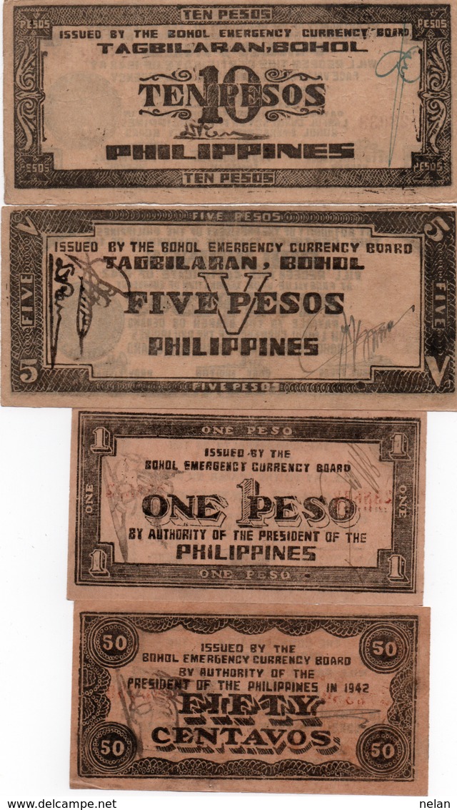 LOTTO 0,50,1,5,10 PESOS-PHILIPPINES-BOHOL EMERGENCY CURRENCY BOARD-1942- AUNC-UNC - Filippine