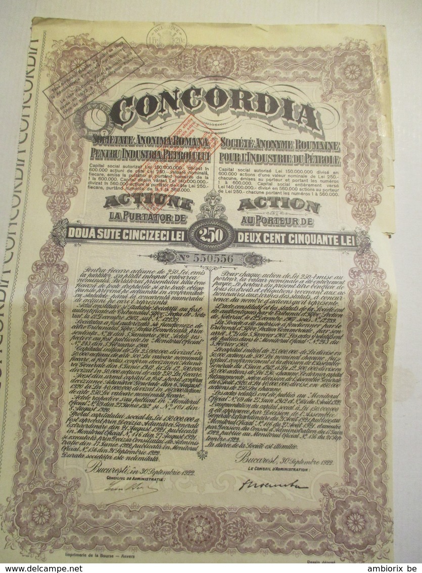 Concordia - Société Anonyme Roumaine Pour L'Industrie Du Pétrole - Titre Du 20 Septembre 1922 - Pétrole