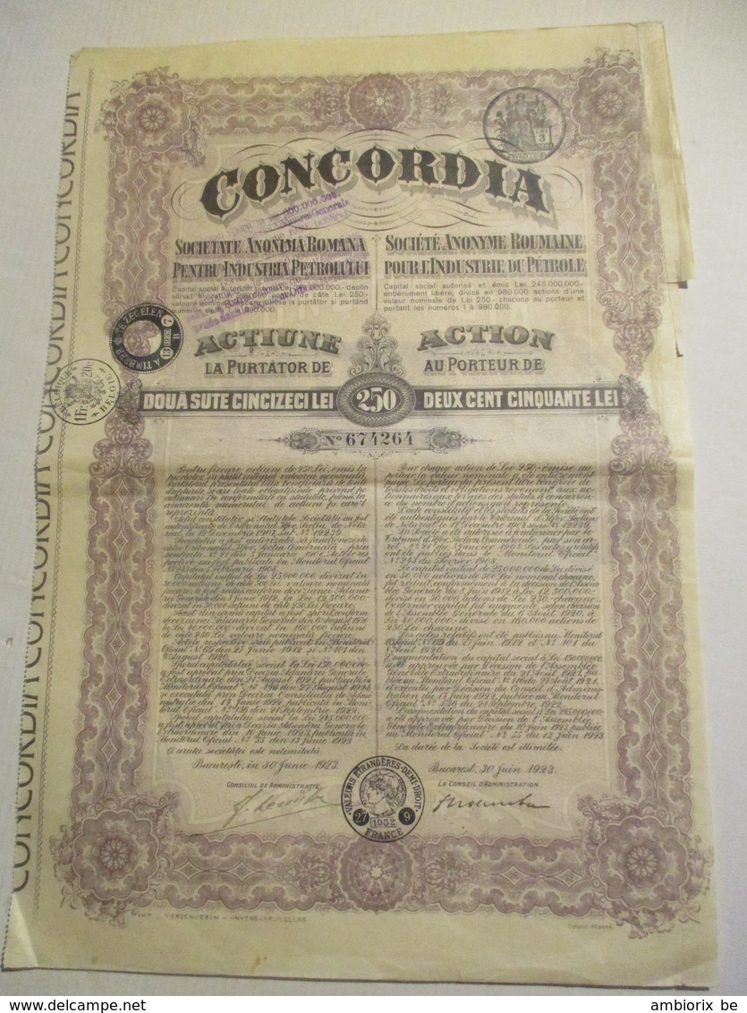 Concordia - Société Anonyme Roumaine Pour L'Industrie Du Pétrole - Titre Du 30 Juin 1923 - Pétrole