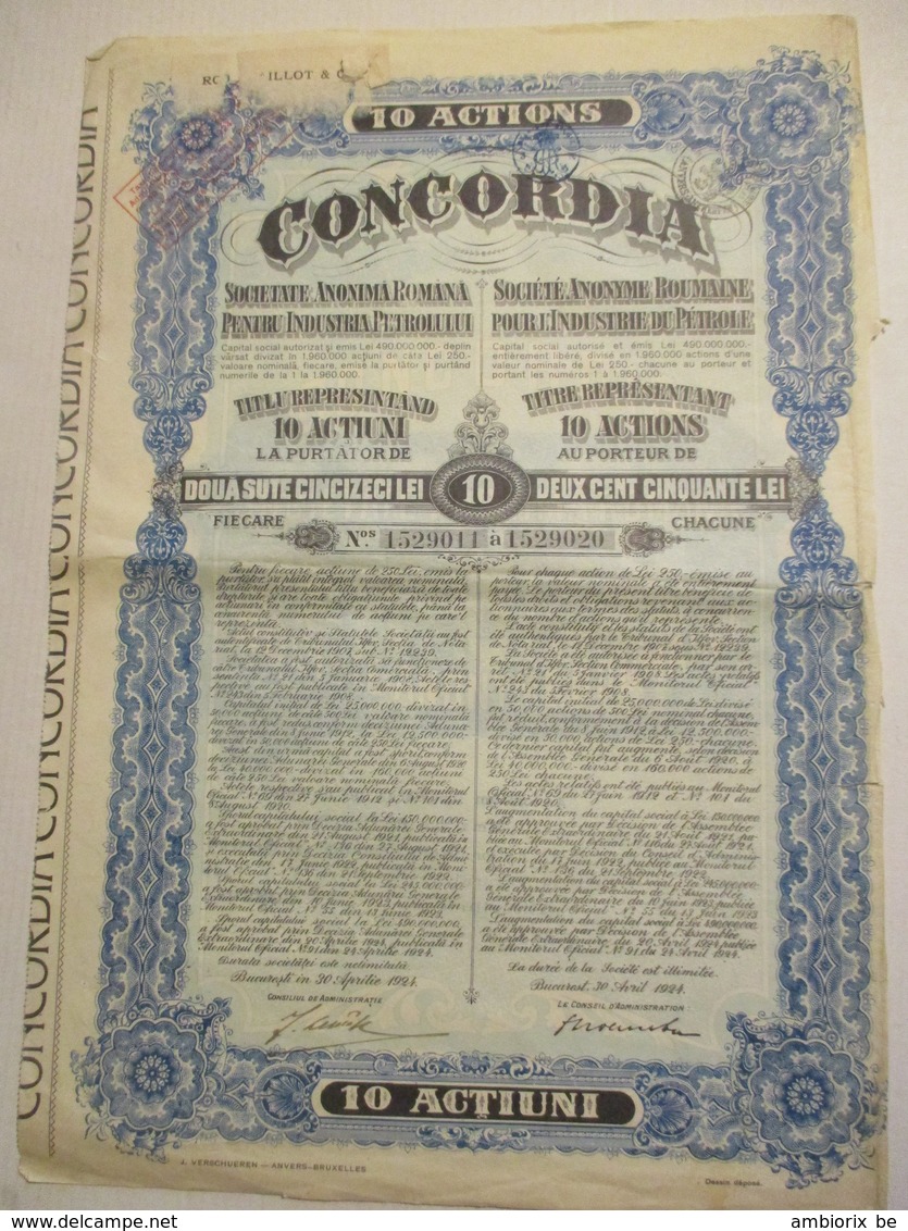 Concordia - Société Anonyme Roumaine Pour L'Industrie Du Pétrole - Titre De 10 Actions Du 30 Avril 1924 - Oil