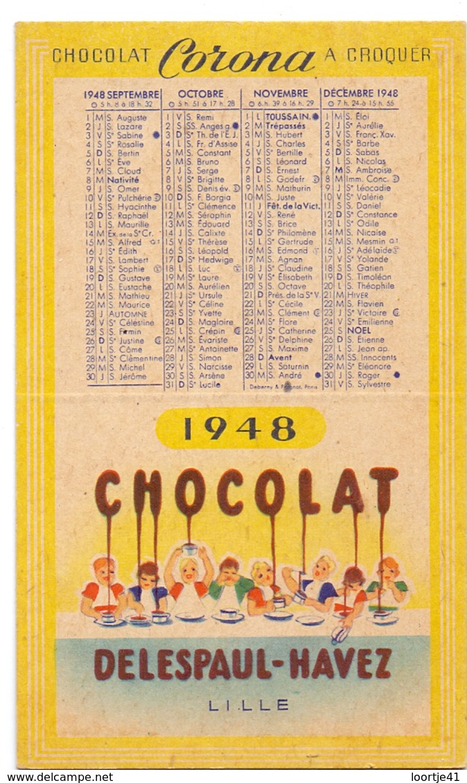 Kalender Calendrier - Pub Reclame Chocolat Corona - Delespaul - Havez - Lille - 1948 - Petit Format : 1941-60