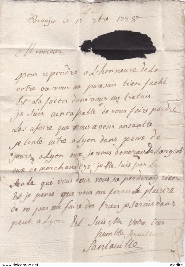 1778 - Lettre Avec Correspondance Sur Parchemin De Belleville Sur Saône  Vers Lyon (écrite à Beaujeville) - 1701-1800: Precursori XVIII