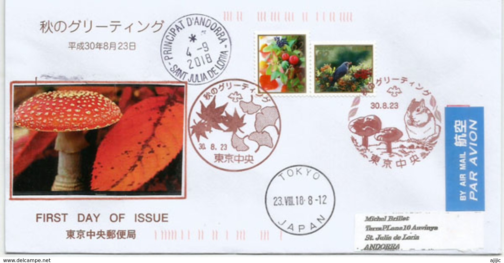 JAPON. Nature (Champignons)  Sur Lettre Adressée Andorra 2018, Avec Timbre à Date Arrivée - Funghi