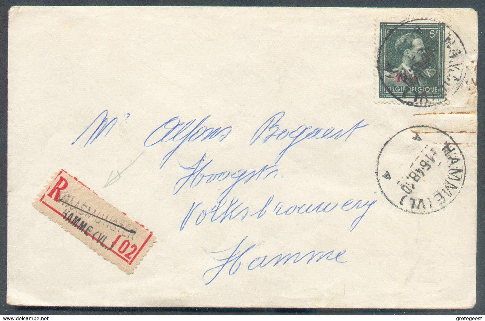 5Fr. Léopold III -10 V Obl. Sc HAMME (VL.) Sur  Lettre Recommandée Vers Hamme - 13222 - 1946 -10%