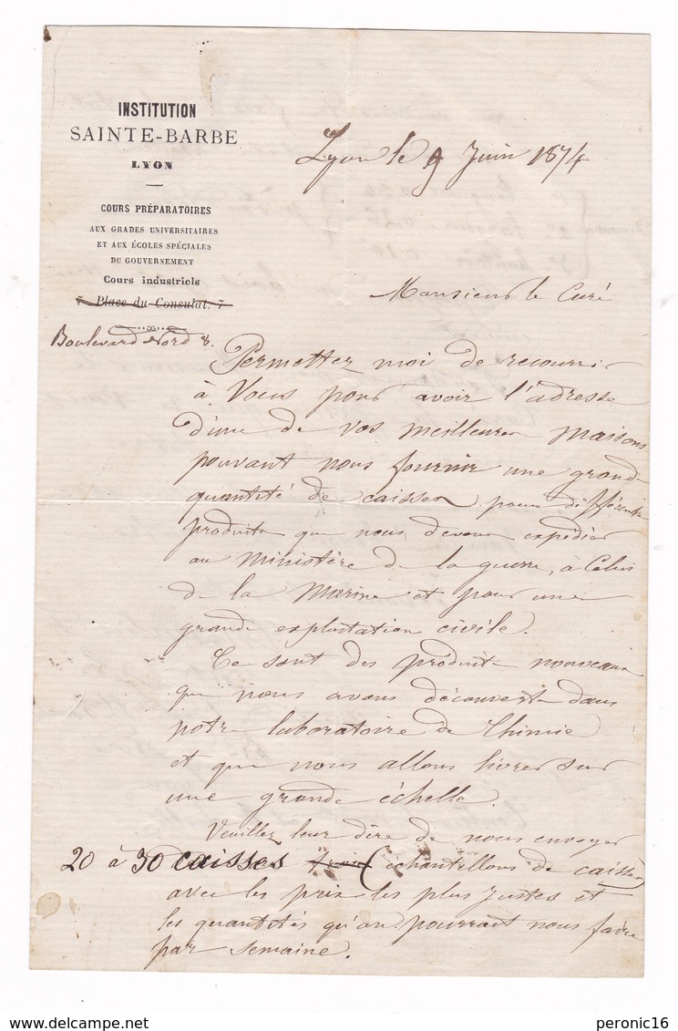 1874, Lettre ChevalIier, Institution Sainte-Barbe (Lyon, Rhône) Au Curé Pour Livraison Produits Ministère De La Guerre - Documents