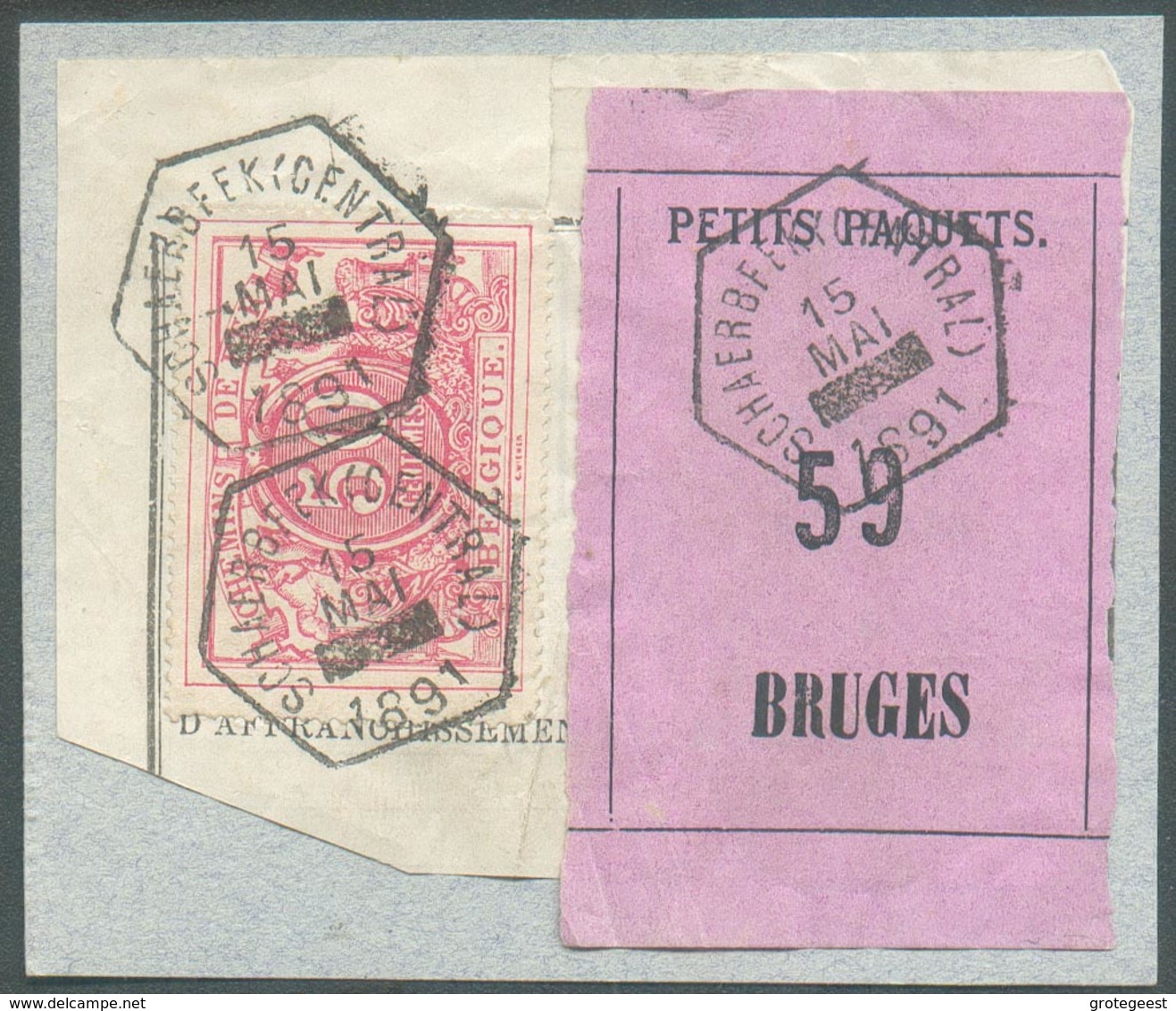 50centimes Rose Obl. Hexagonale SCHAERBEEK (CENTRAL) Du 15 Mai 1891 (heure Bloquée) Sur Fragment De Bordereau Avec étiqu - Dokumente & Fragmente