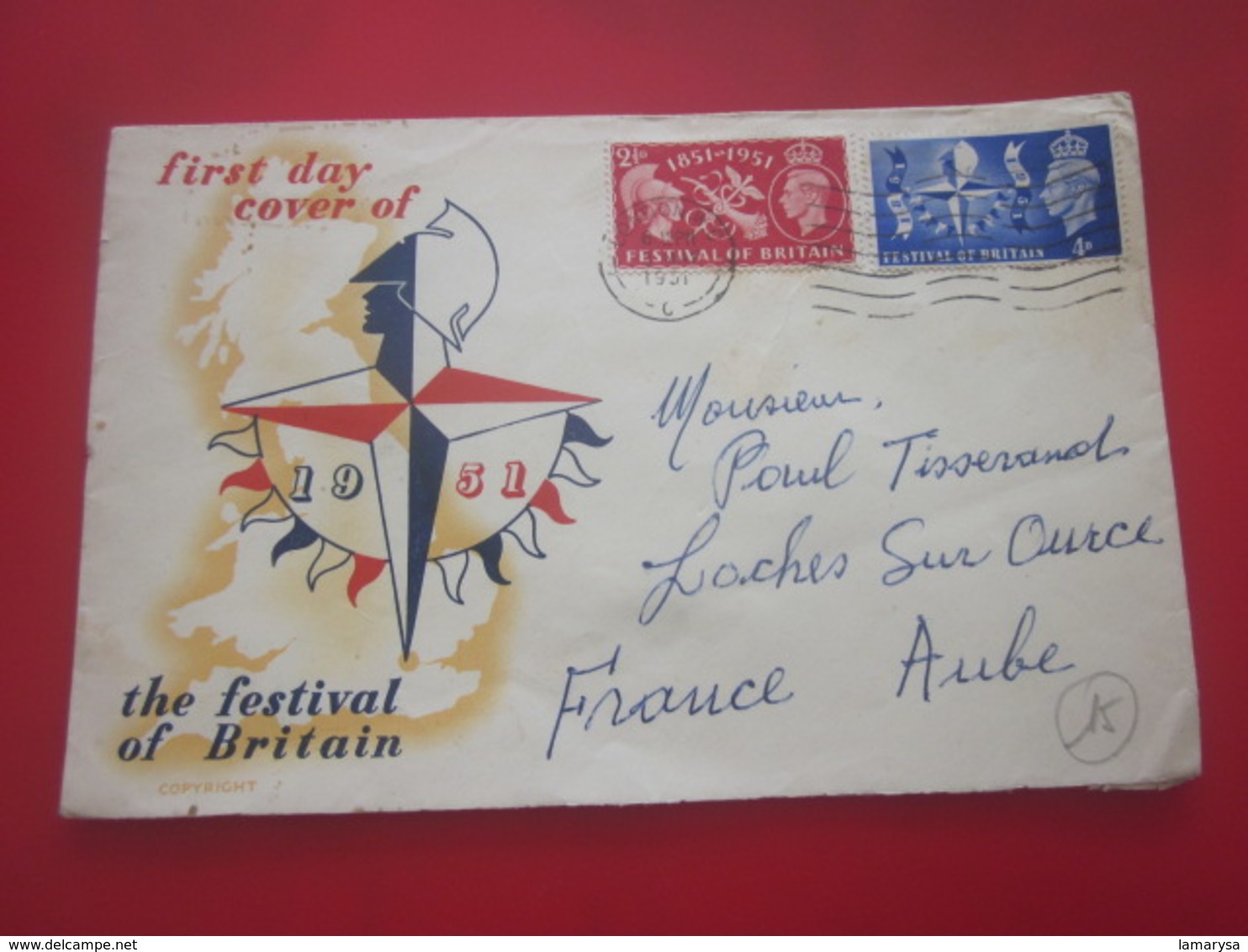 THE FESTIVAL OF BRITAIN Europe Grande-Bretagne  FDC FIRST DAY COVER  ....-1951 Pre Elizabeth II-pour Loches Sur Ource 10 - ....-1951 Pre Elizabeth II