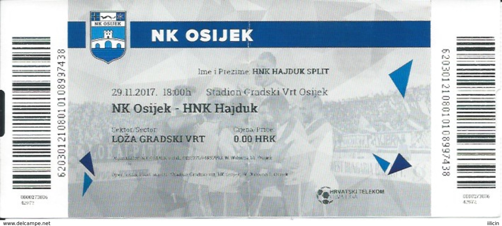 Sport Ticket UL000439 - Football (Soccer / Calcio) - Osijek Vs Hajduk Split: 2017-11-29 - Tickets & Toegangskaarten