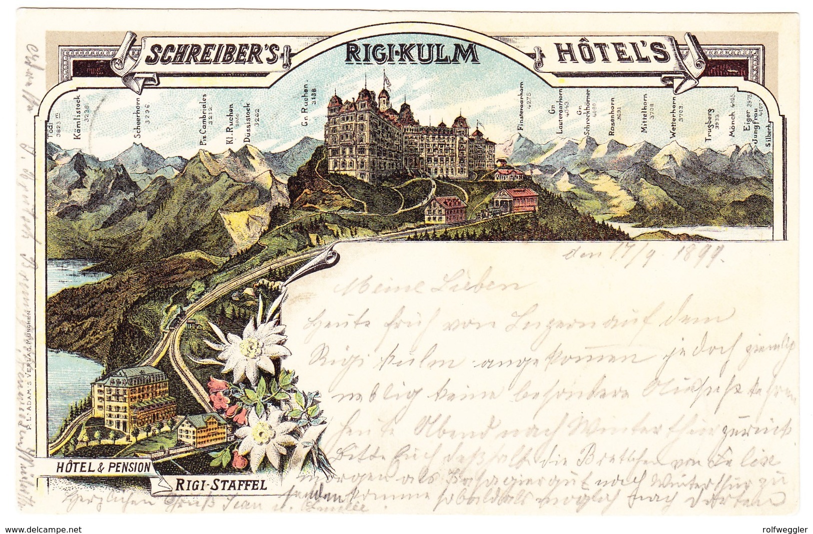 1899 Schreiber`s Rigi Kulm Hotel Nach Frauenfeld; Mit Ungebrauchter Hotelpostmarke; Ein Zahn Fehlt - Lettres & Documents