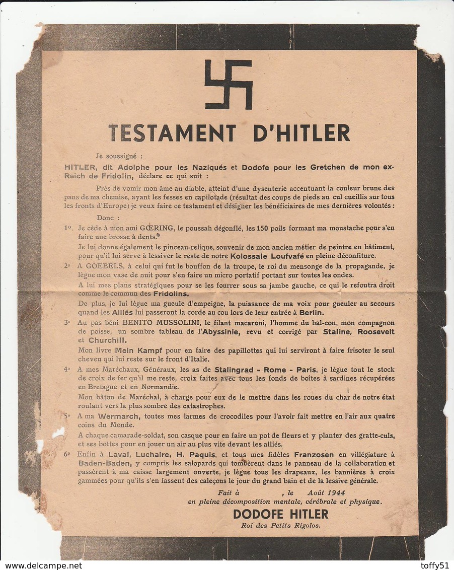 TESTAMENT D'HITLER SIGNÉ DODOFE HITLER ROI DES PETITS RIGOLOS 1944 - Historical Documents